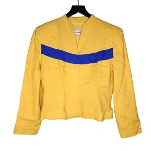 Vintage Geary Roark Kamisato Linen Blend Jacket Size 10 Yellow Blue Button Front